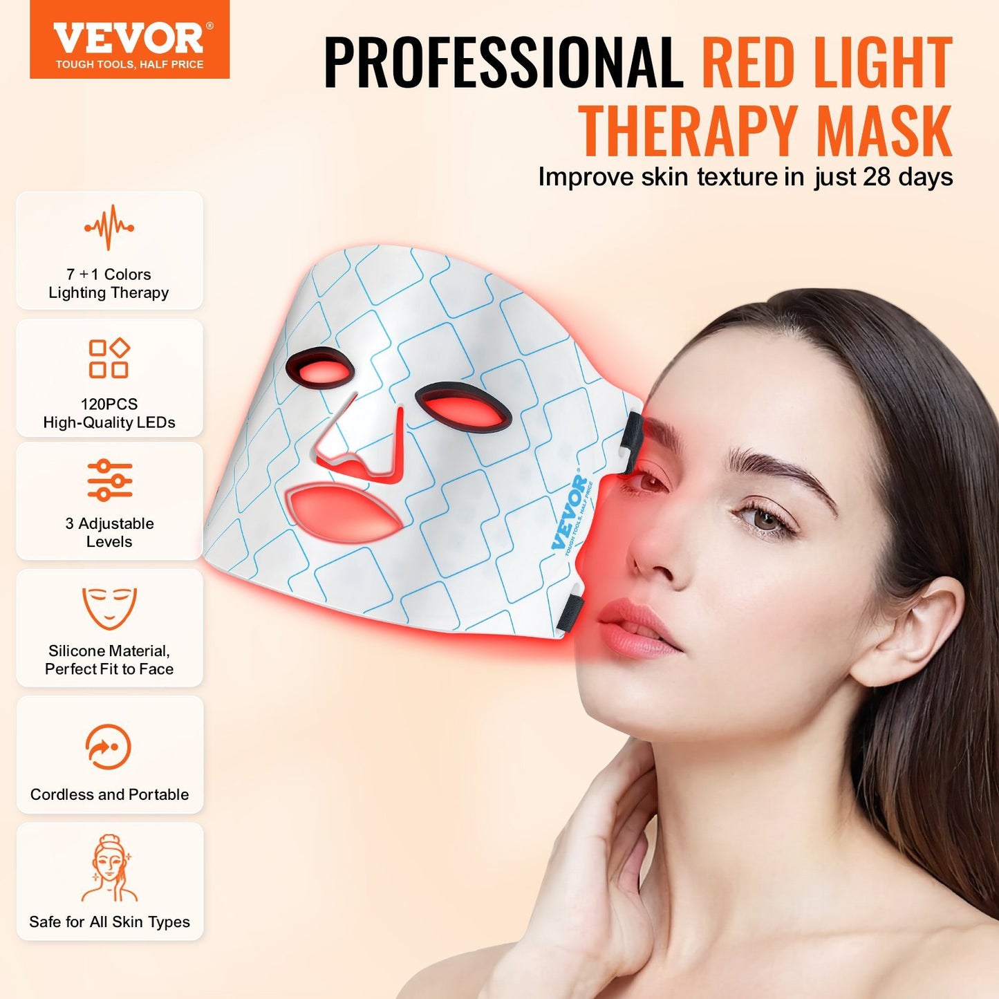 VEVOR 7-Color LED Light Therapy Mask – Red Light & NIR (850nm) for Skin Rejuvenation & Anti-Aging