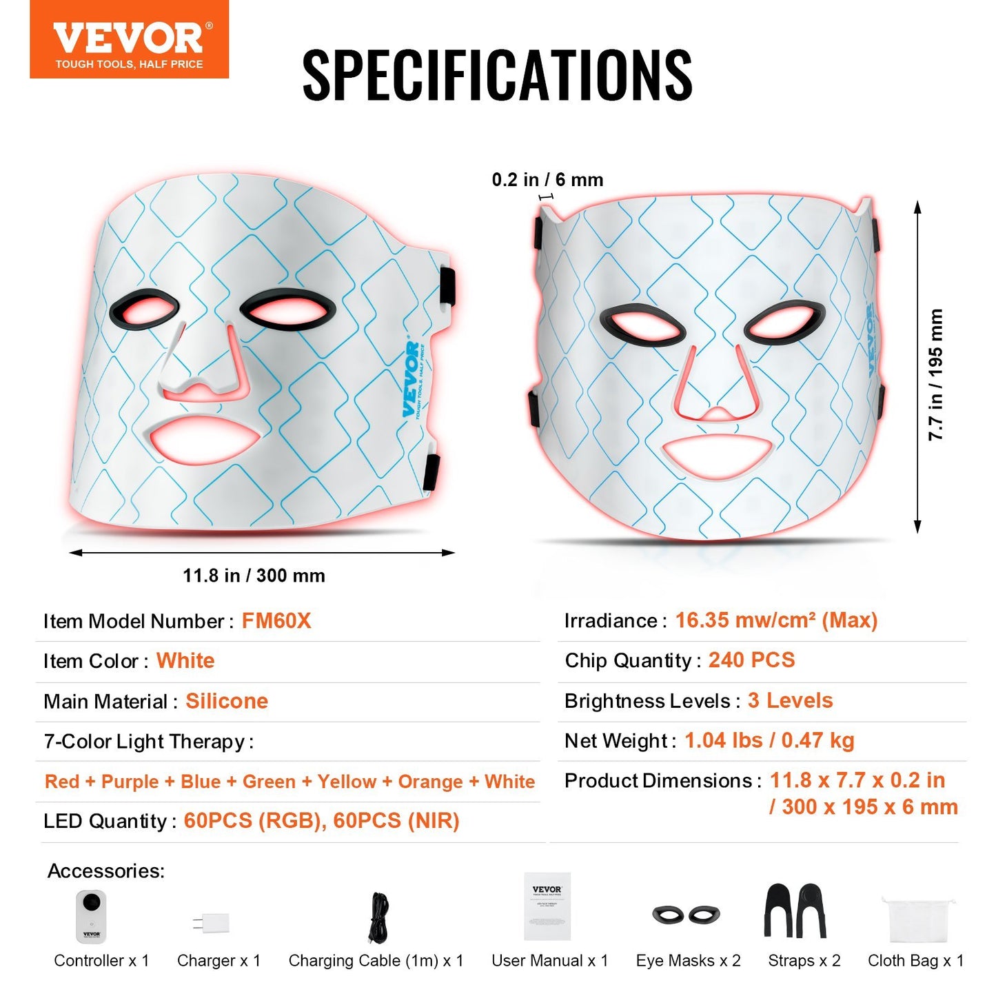 VEVOR 7-Color LED Light Therapy Mask – Red Light & NIR (850nm) for Skin Rejuvenation & Anti-Aging