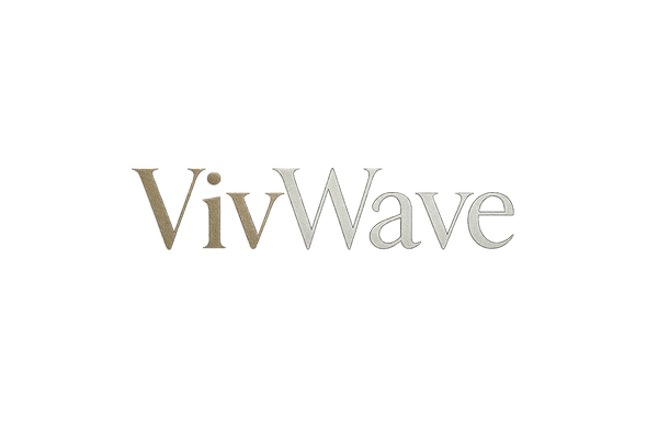 Logo design for the brand "VivWave", luxury style, elegant serif font, "Viv" in gold, "Wave" in black, black or dark background, refined and professional look, no icons
